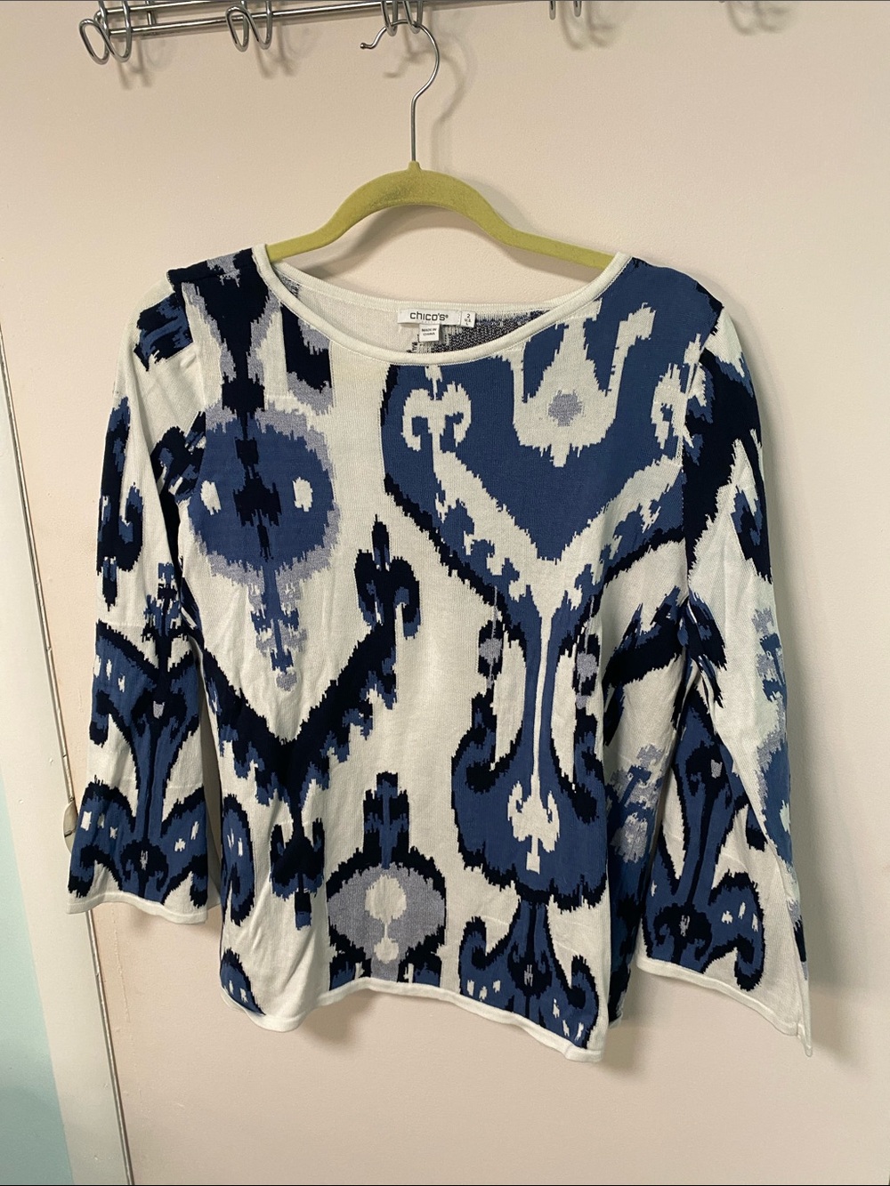 Chico's Navy and White Ikat-Print Shirt